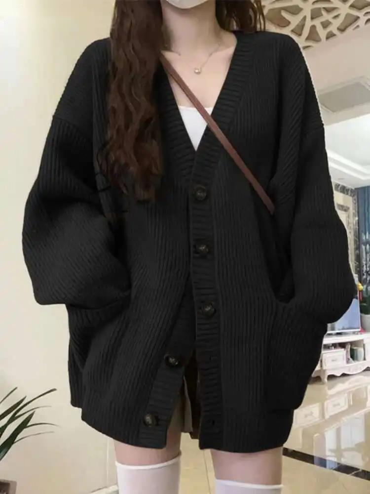 Wool Blend Coat - Свободный кардиган, женский вязаный черный кардиган